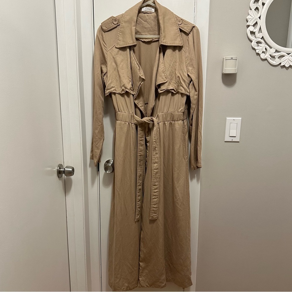 AMALIE THE LABEL Monimonie Linen Blend Long Trench Coat Natural Tan Casual Sz 8 - Picture 3 of 10